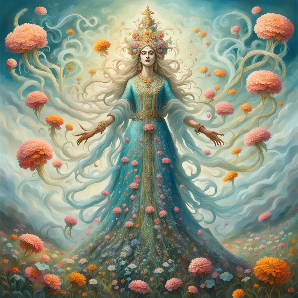 Ghostly Hindu Goddess in Rococo Pre-Raphaelite Style