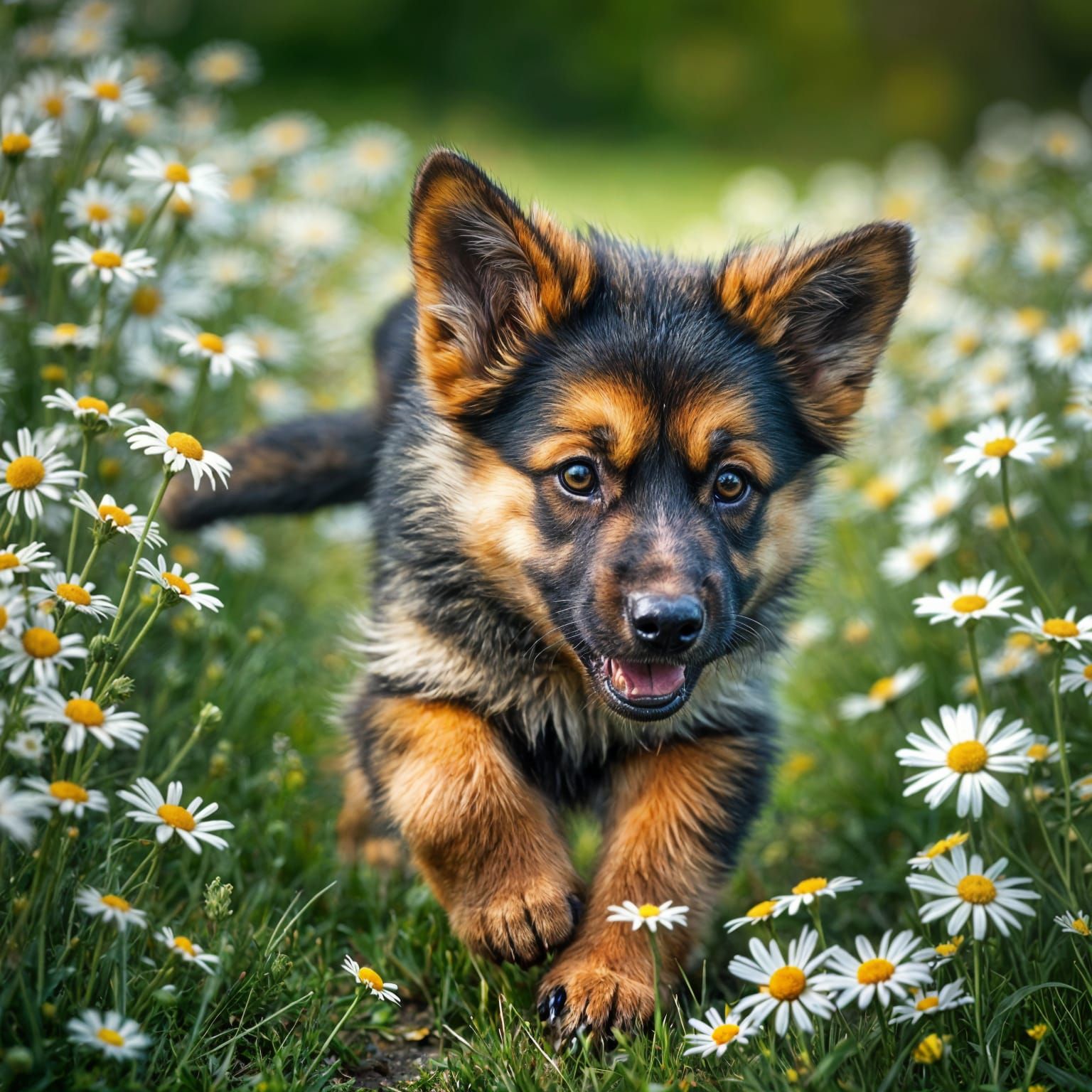 German Shepherd Puppy Runs Through Vibrant Field of Daisies....