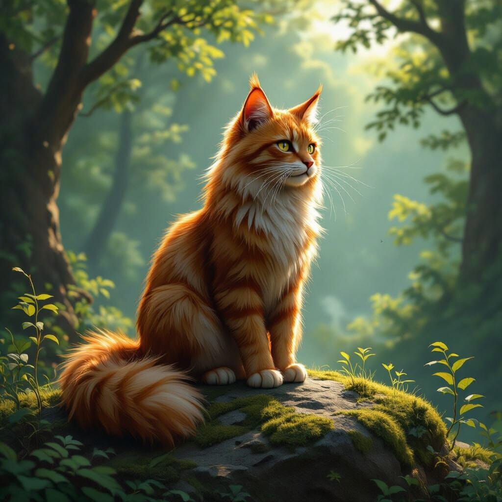 Fierce Warrior Cat Fireheart on Mossy Rock