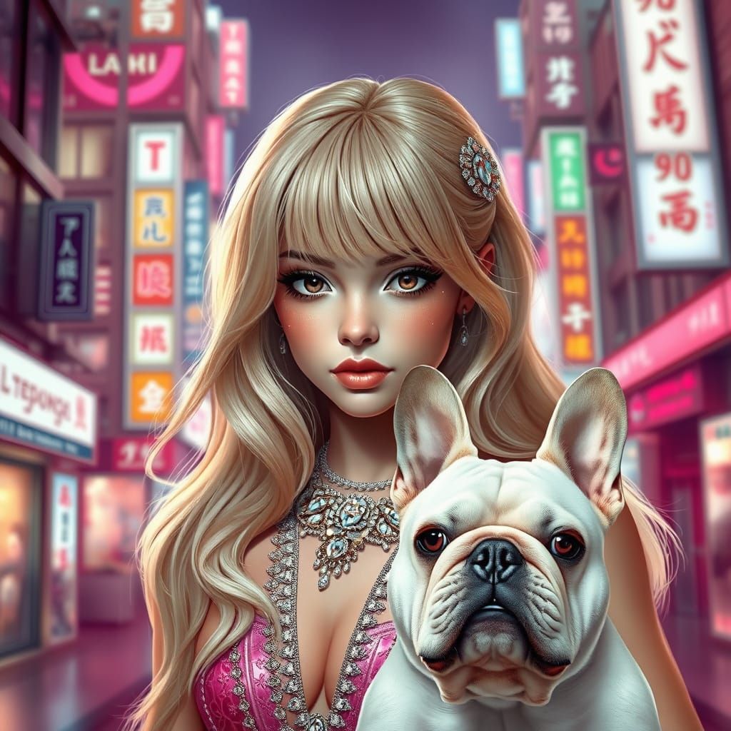 Blonde E-Girl in Tokyo with French Bulldog