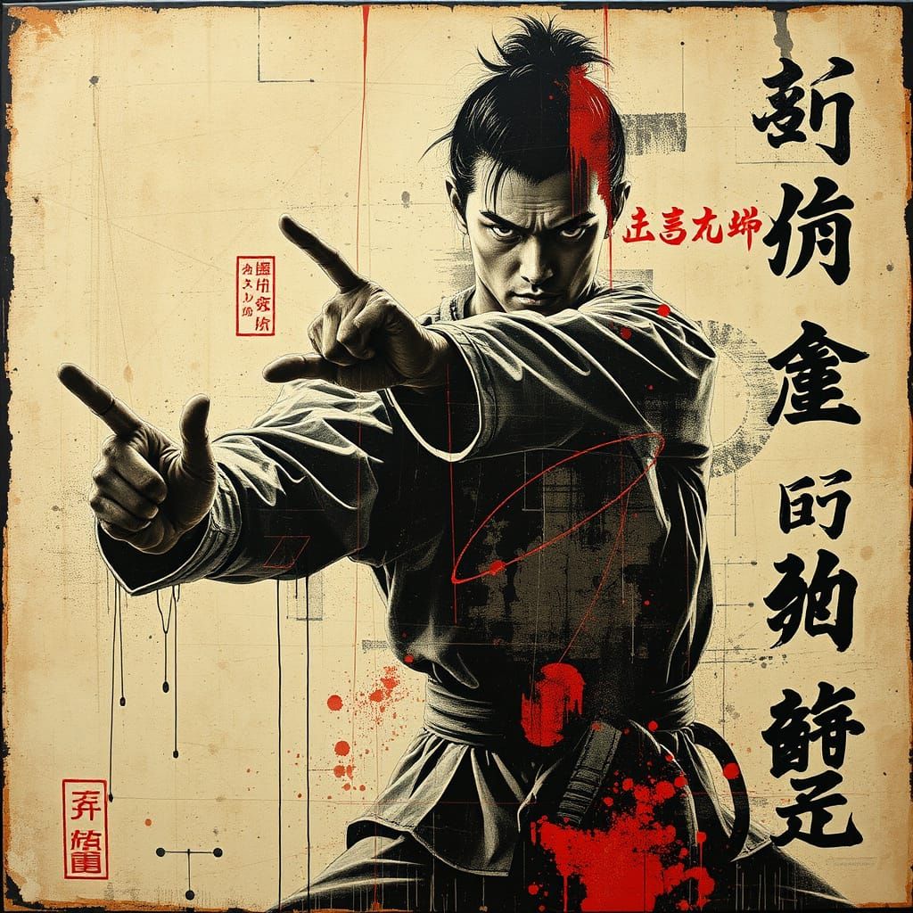 Dynamic Karate Pose in Double Exposure Style