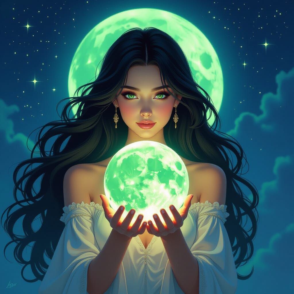 Ethereal Woman Holds Luminous Moon
