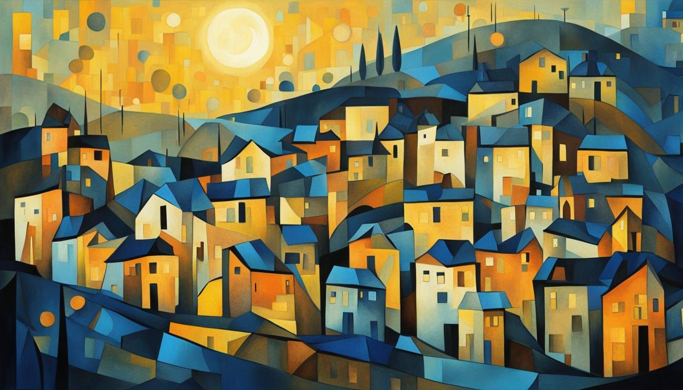 Abstract Cubist Village Under Moonlight