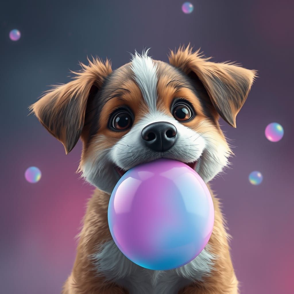 Mischief Puppy Blows Vibrant Pink Bubble in Whimsical Dreaml...