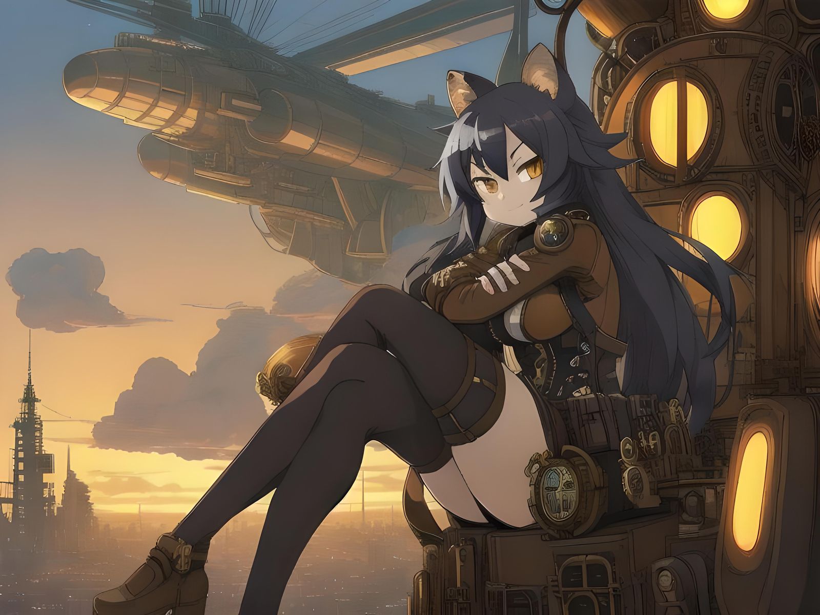 Steampunk Raccoon Pilot Overlooking City in Cel-Shading