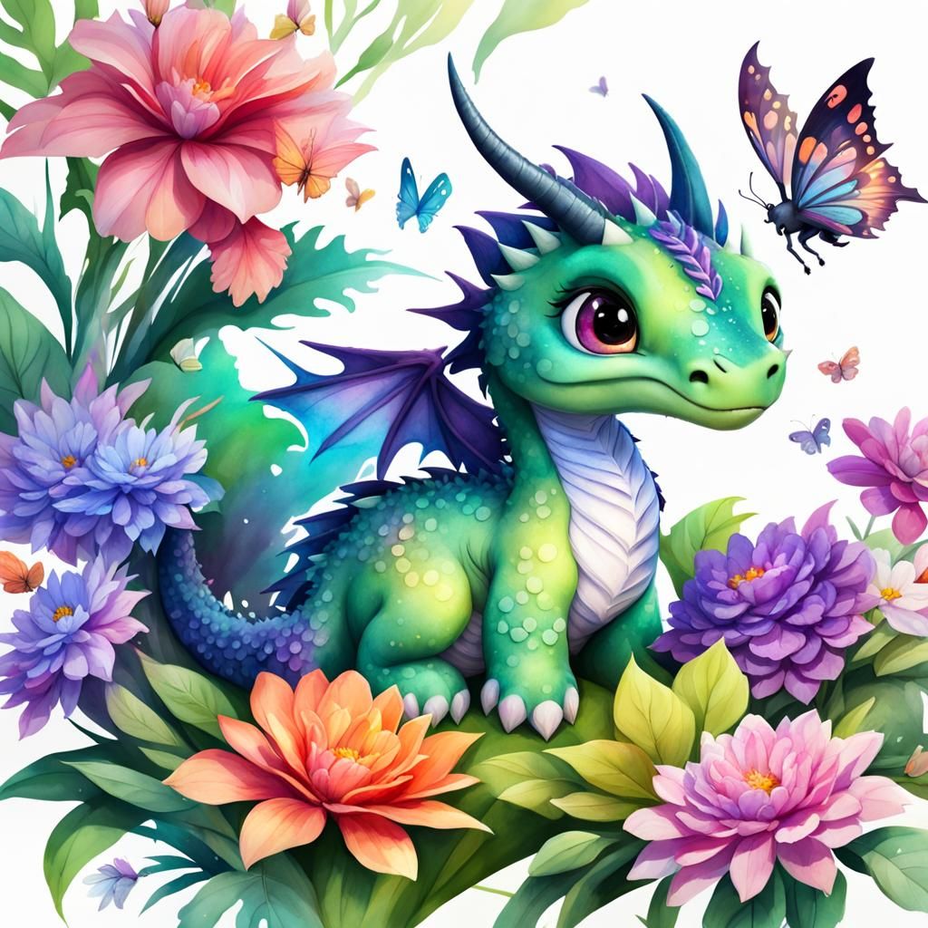 Cute Chibi Dragon with Flowers, Digital Art