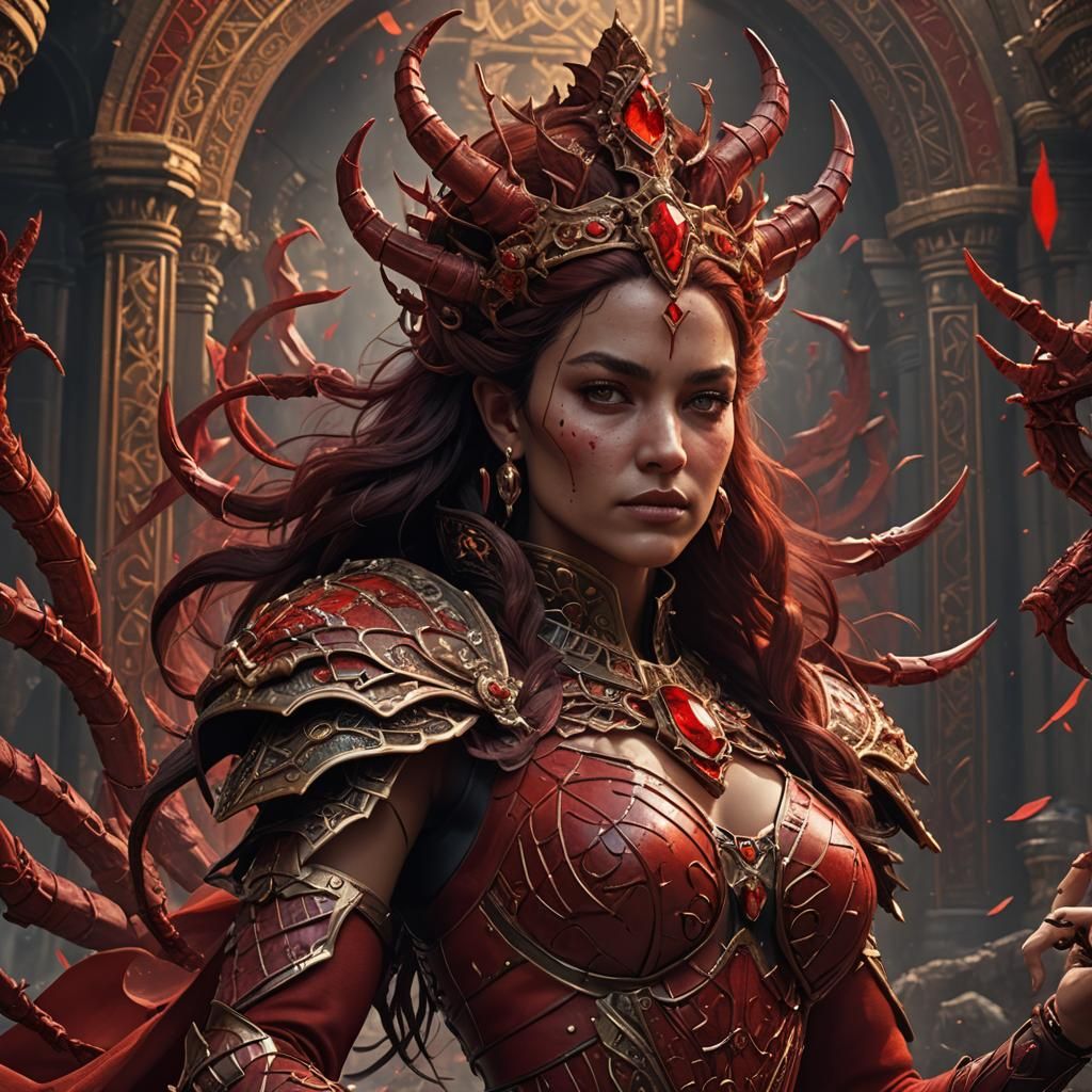 Scorpio Queen in Red: Detailed Fantasy Art