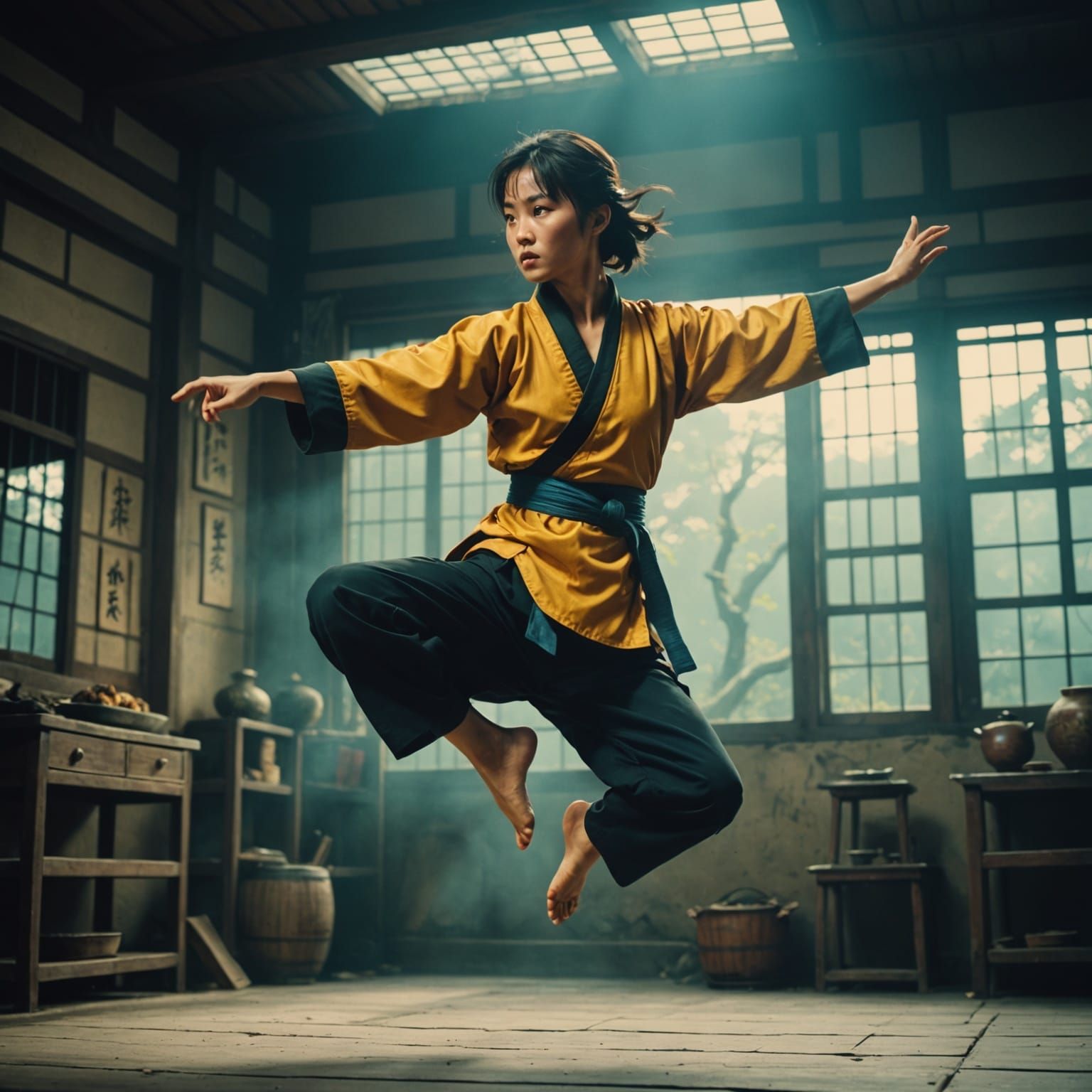 Jumping Kung Fu Dancer with Animal in Vintage Anime Style