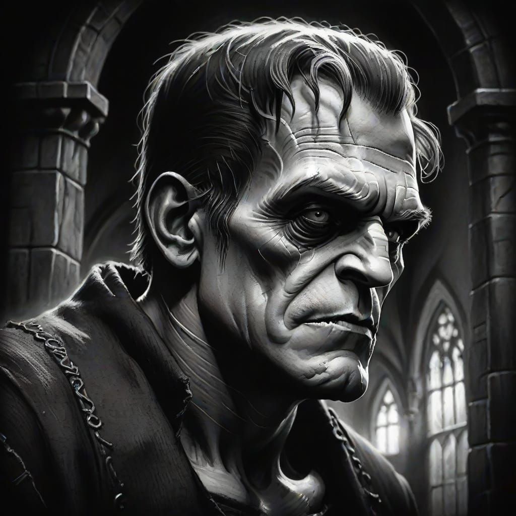 Intense Charcoal Portrait of Frankenstein