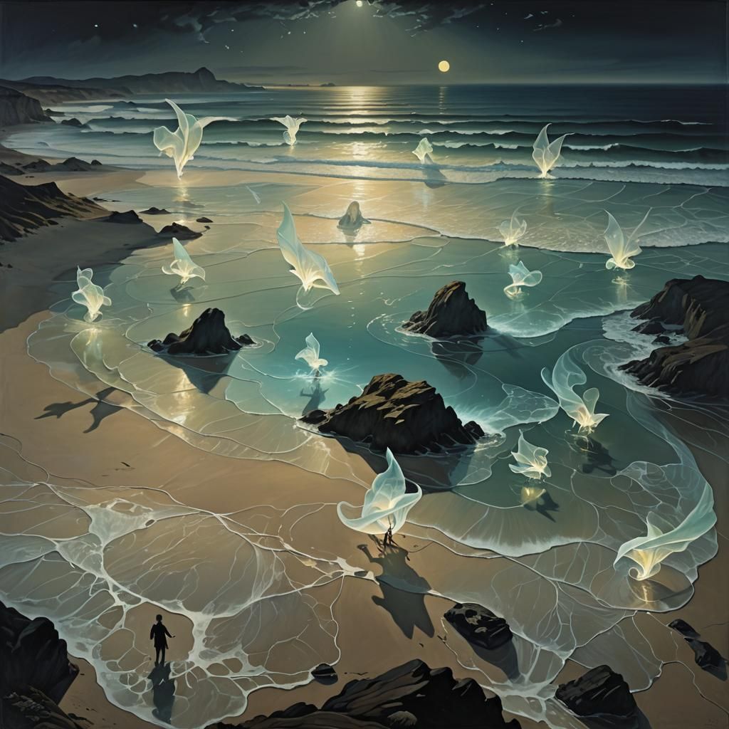 Surreal Wind Creatures Dance on Dark Beach