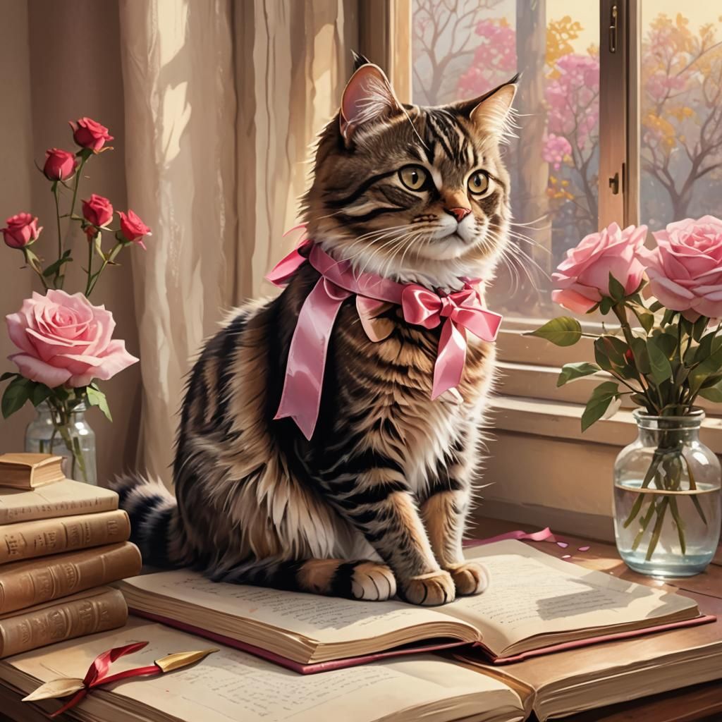 Fluffy Tabby Cat with Roses: Pixar-Inspired Digital Art
