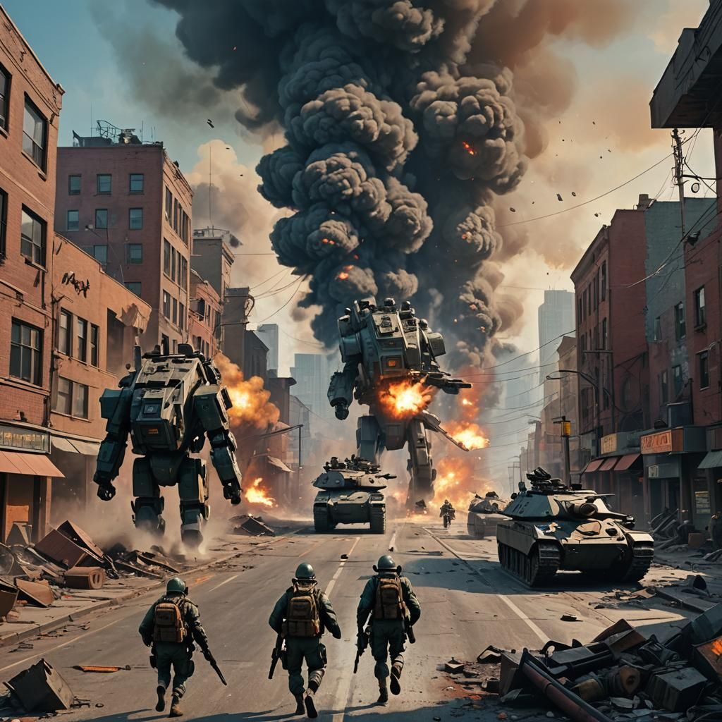 US Soldiers in War-Torn Cityscape with Sci-Fi Elements