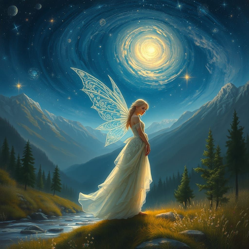 Ethereal Starlight Fairy Elf in Dreamy Landscape
