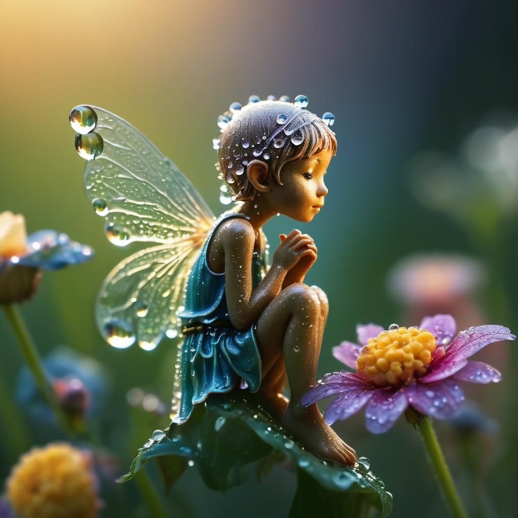 Macro photography of a tiny fairy sitting on a flower. Dew drops reflect the morning light.