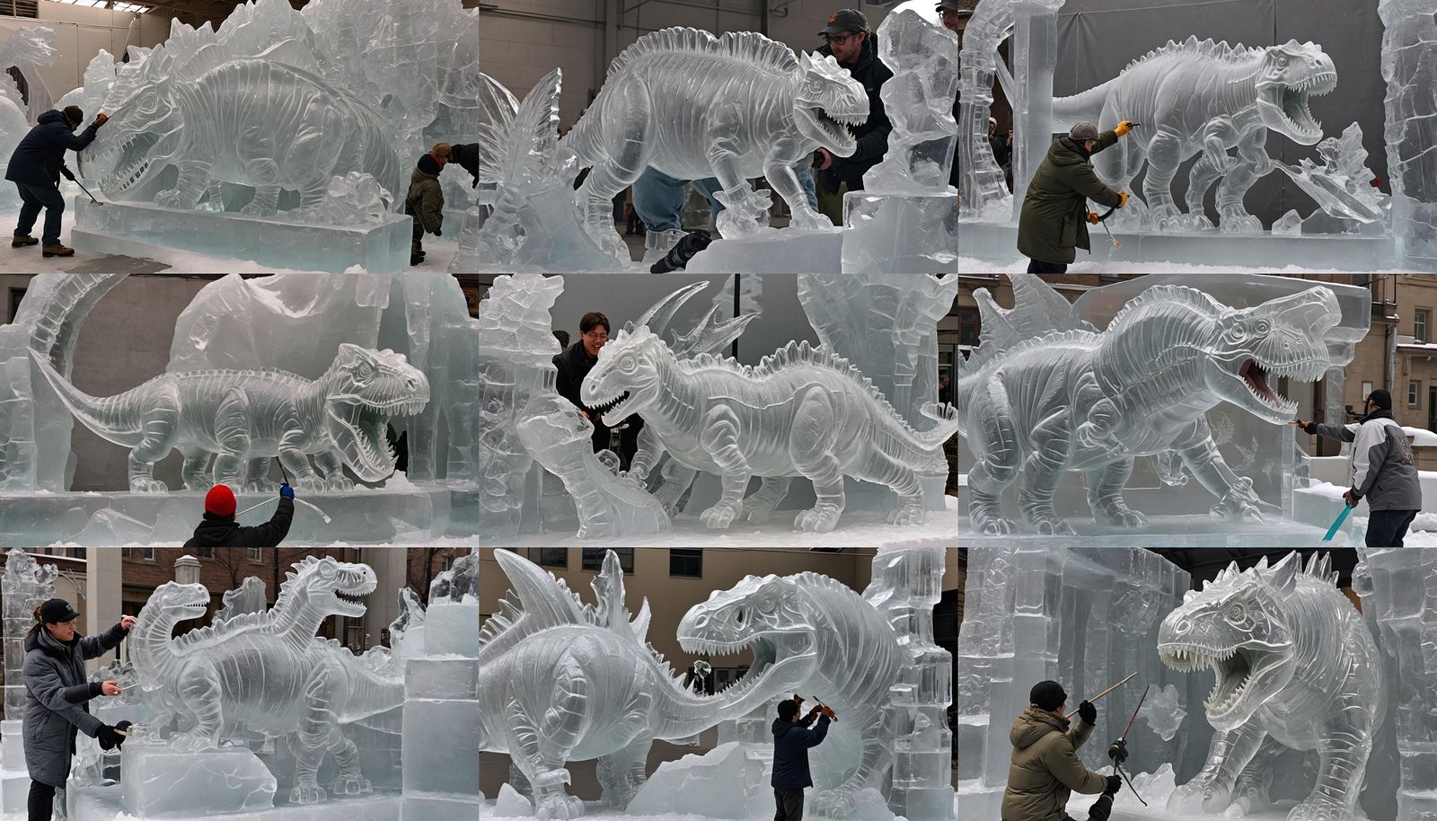 Dinosaur Ice Sculpture Installation at Museum