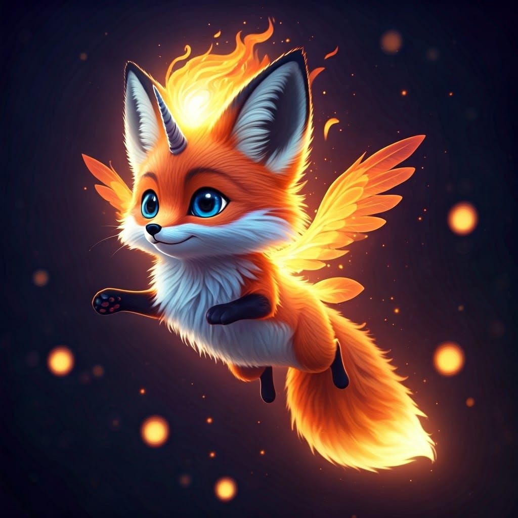 an irresistibly cute, fluffy fox fire spirit in an energetic...