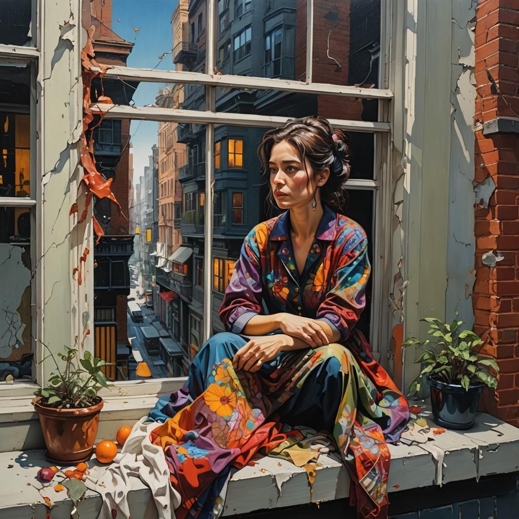 Surrealist Woman in Windowsill: An 8k Oil Painting