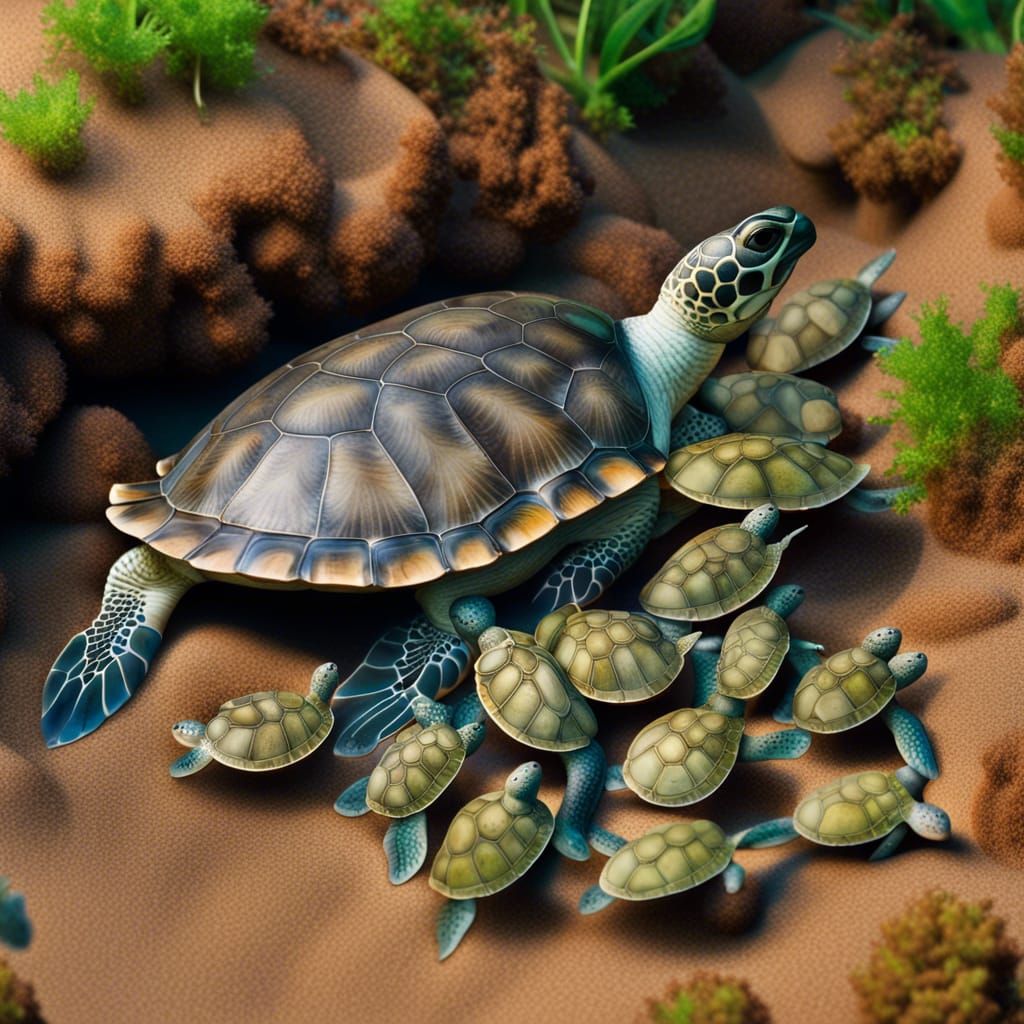 Sea Turtle Family Among Seahorses