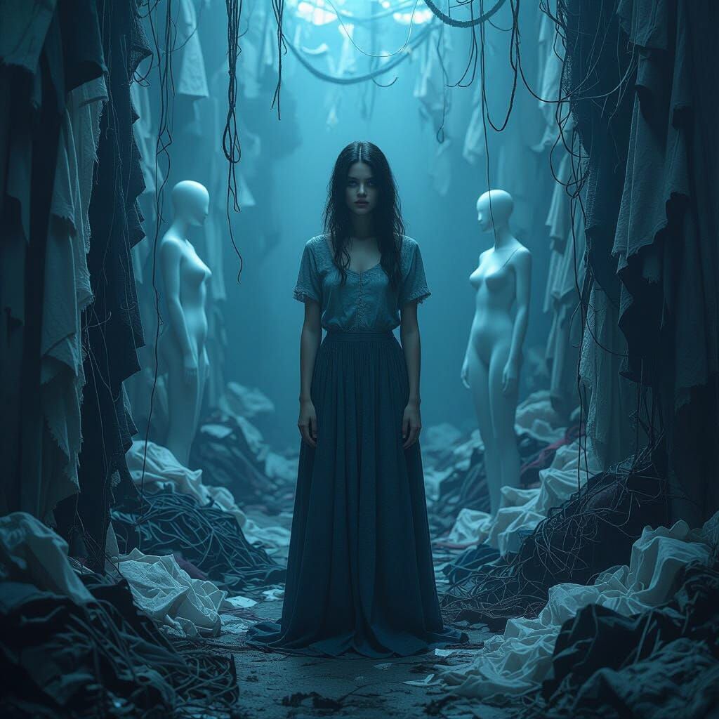 Melancholic Woman in Abstract Apparel Industry Chaos