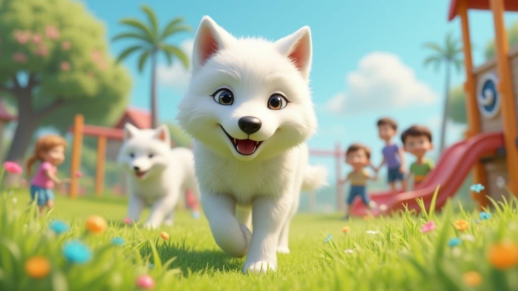 Luminous Big Wolf Explores Sunlit Children's Park