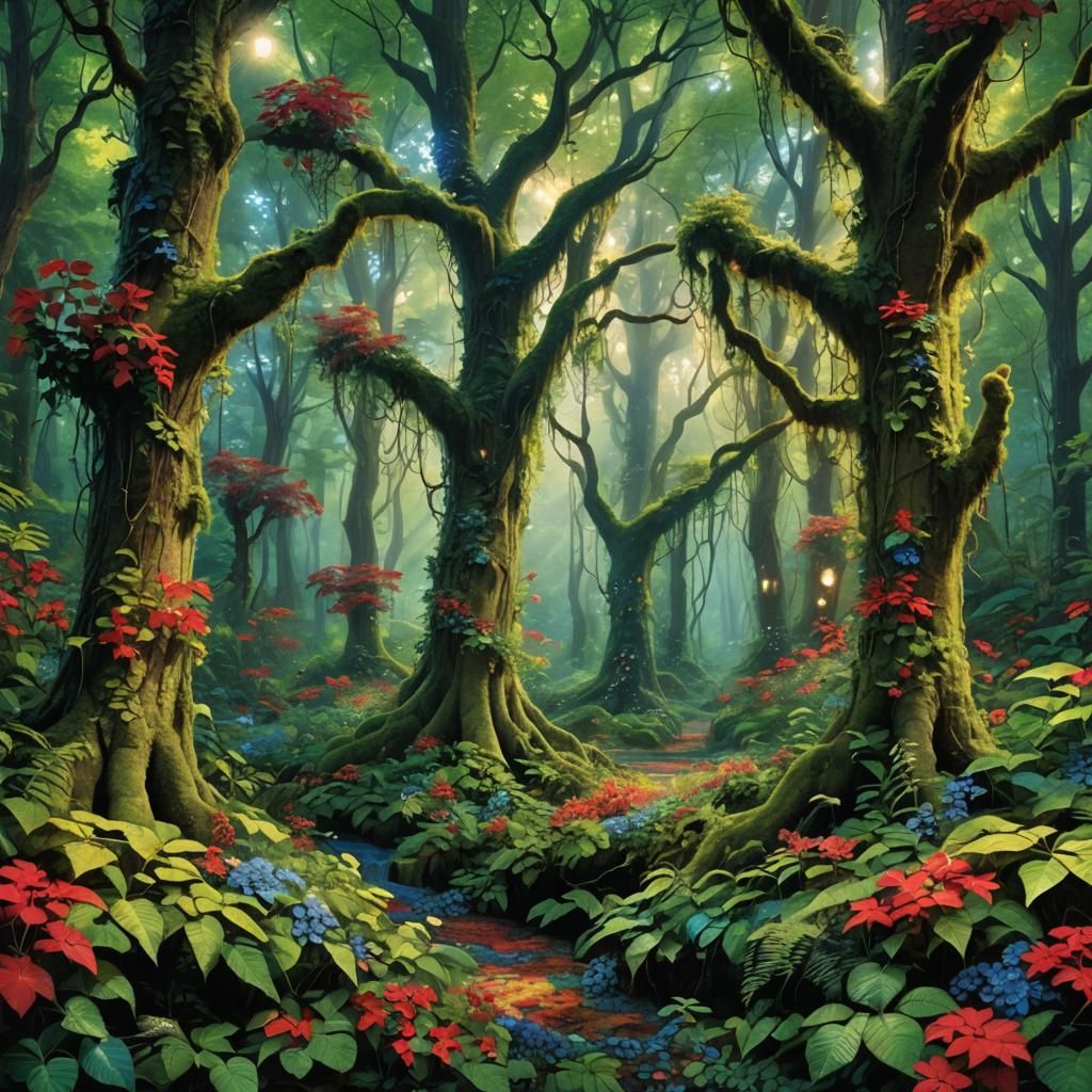 Lush Forest Scene with Magical Light and Colorful Flora