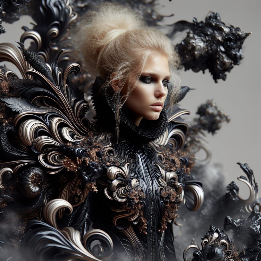 Blonde Model in Biomorphic Black Lace Dress