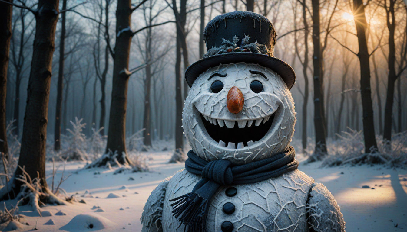 A Snowman's Haunting Smile in Winter's Grip