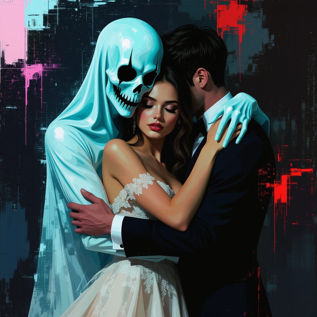 Glitched Portrait of Woman and Spectral Figure