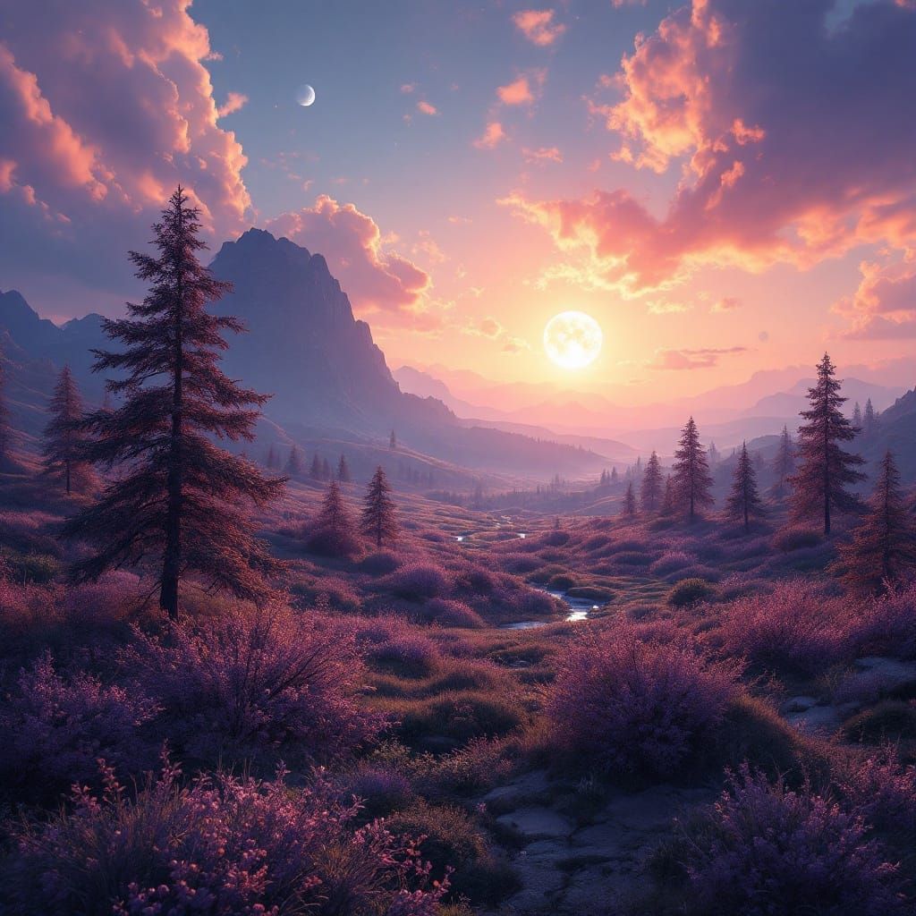 Fantastical Sunset Landscape with Celestial Bodies and Dista...