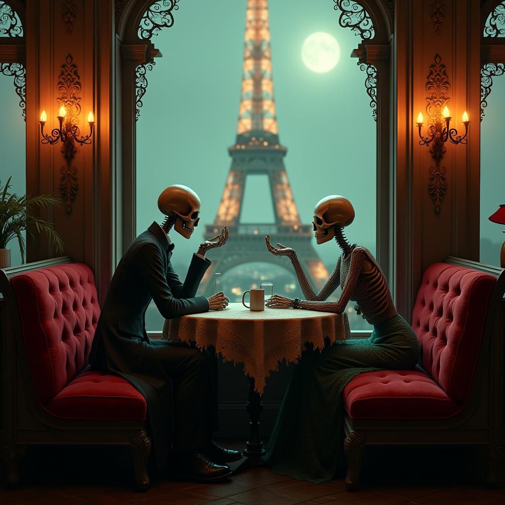 Skeletal Figures Converse in Ornate Parisian Cafe