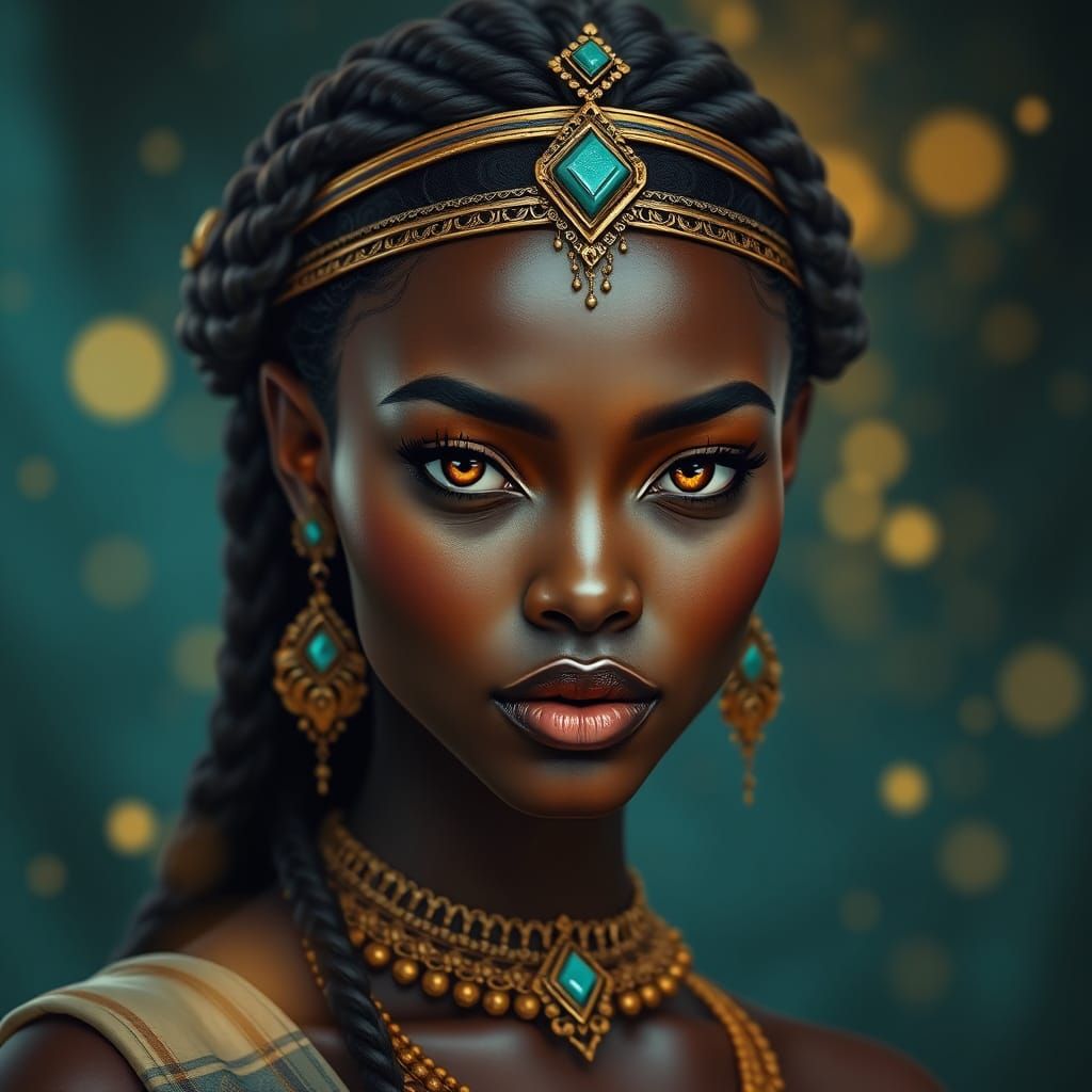 Regal Woman with Amber Eyes in Fantasy-Realism Style