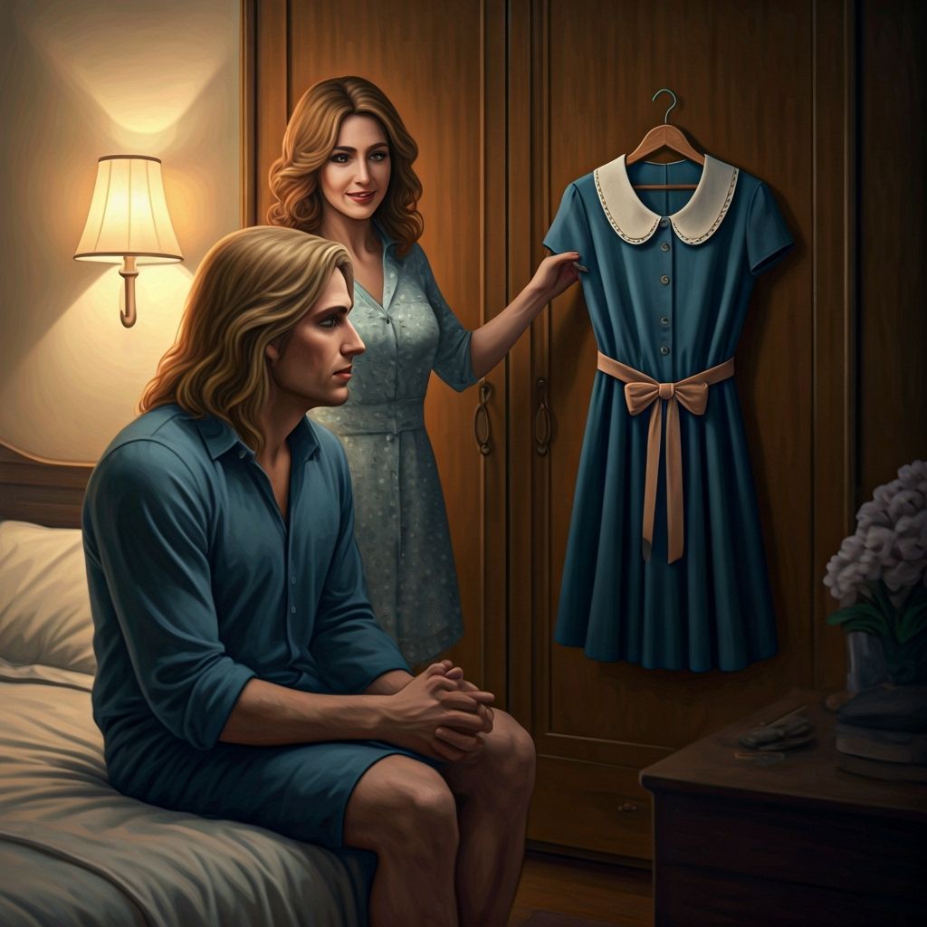 Cozy Bedroom Scene: Woman Shows Dress to Crossdressing Man