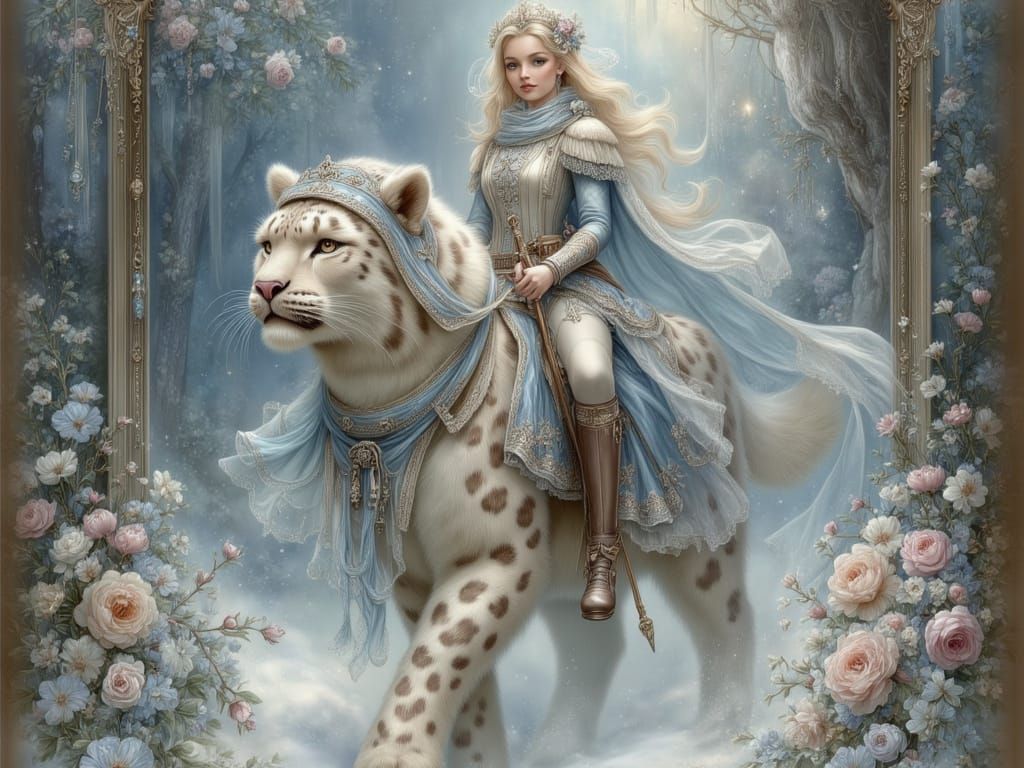 Woman Rides Snow Leopard Through Winter Forest in Fantasy St...