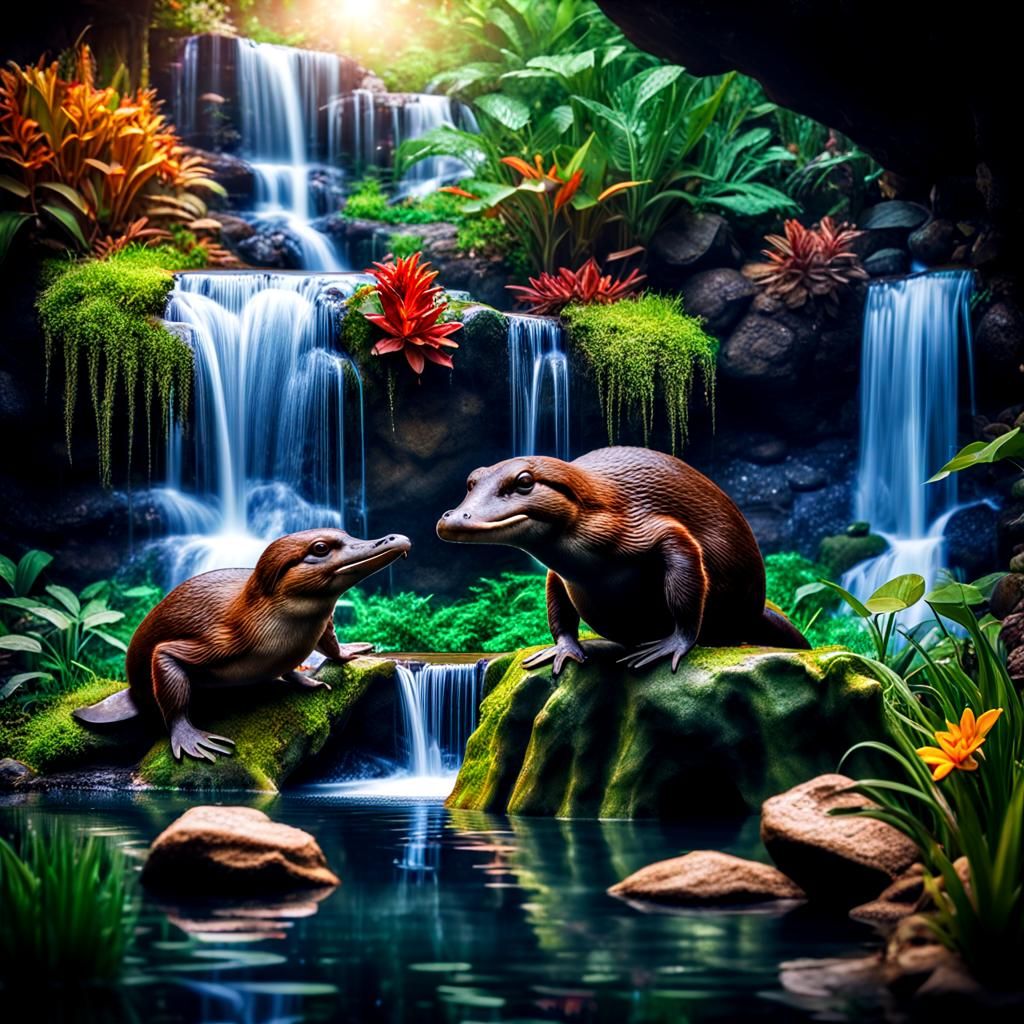 Cute Platypus in a Beautiful Waterfall Garden