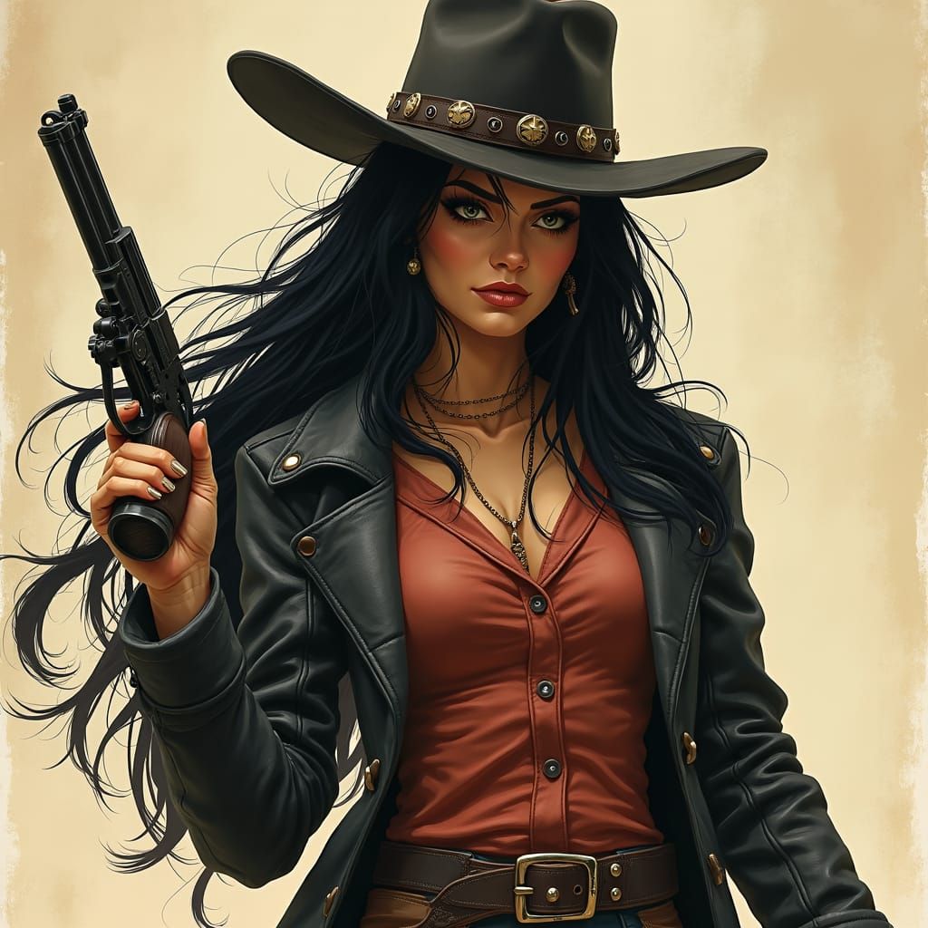 Gunslinger with Raven Hair in Gritty Realism