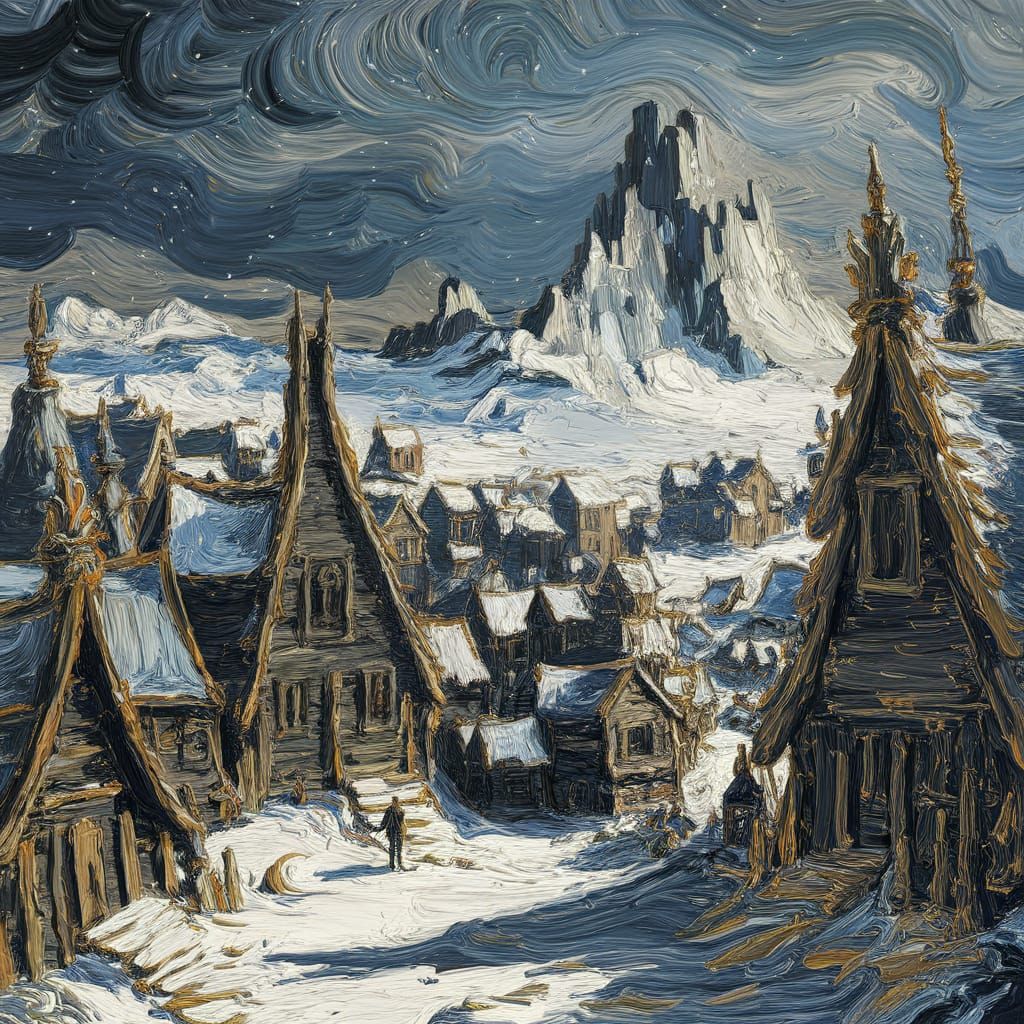 Mysterious Arctic Town in Impasto Oil Painting Style