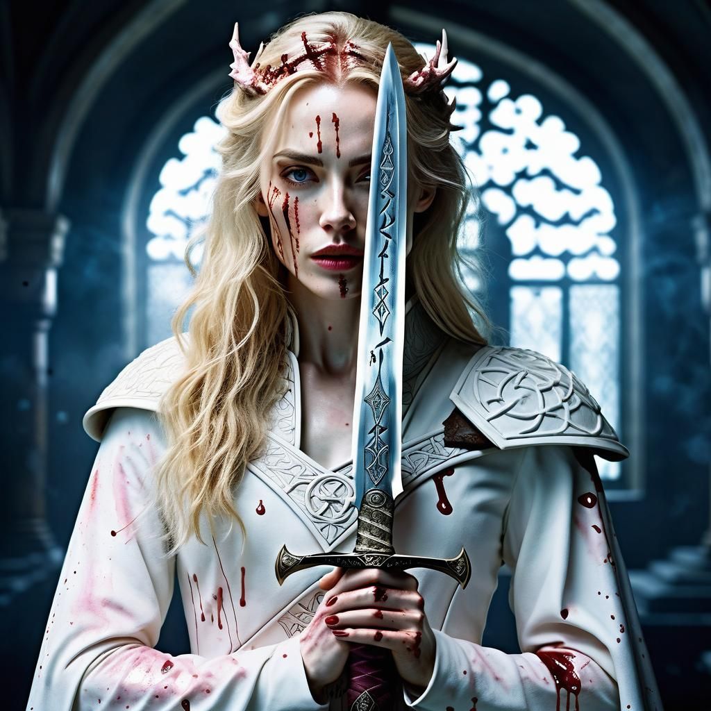 Portrait of Woman with Magical Sword and Norse Runes