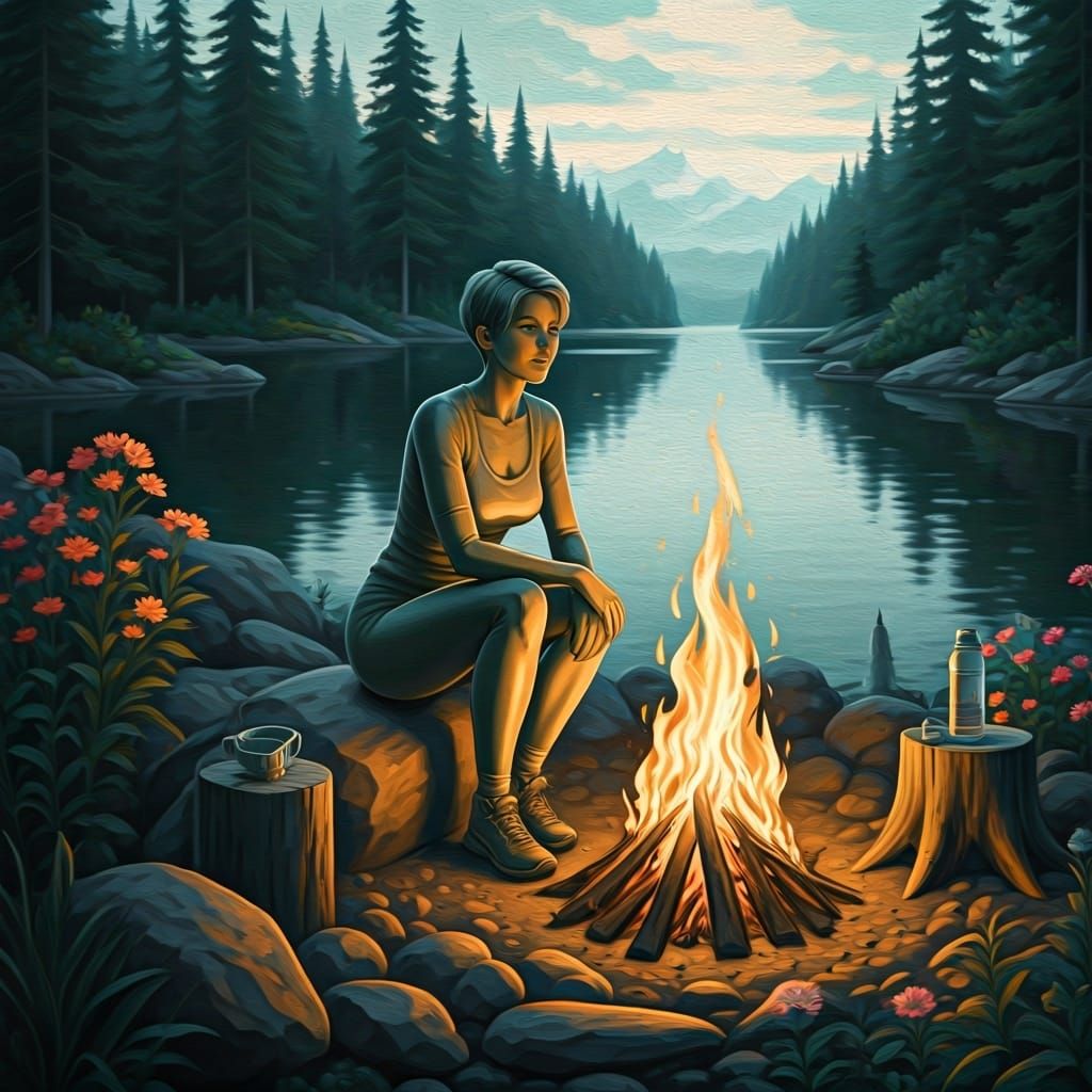 Kind Lady Camping: Hyperdetailed Oil Painting