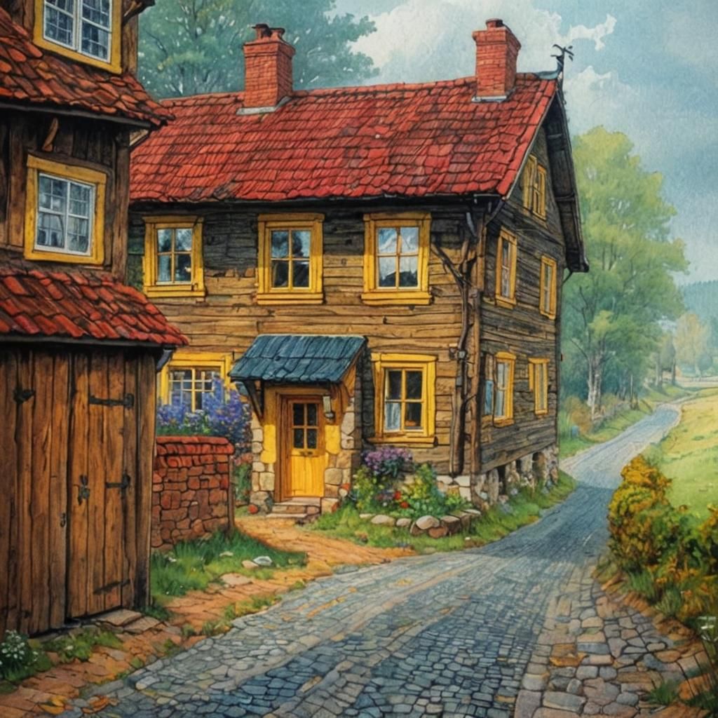 Charming Old House Sketch in Poster Art Style