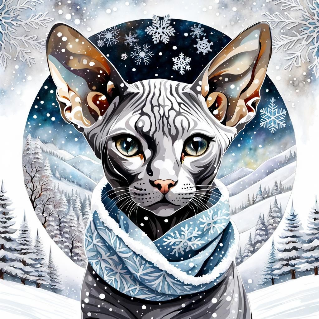 Glitter Sphynx Kitten in Snowy Klimt-Inspired Scene