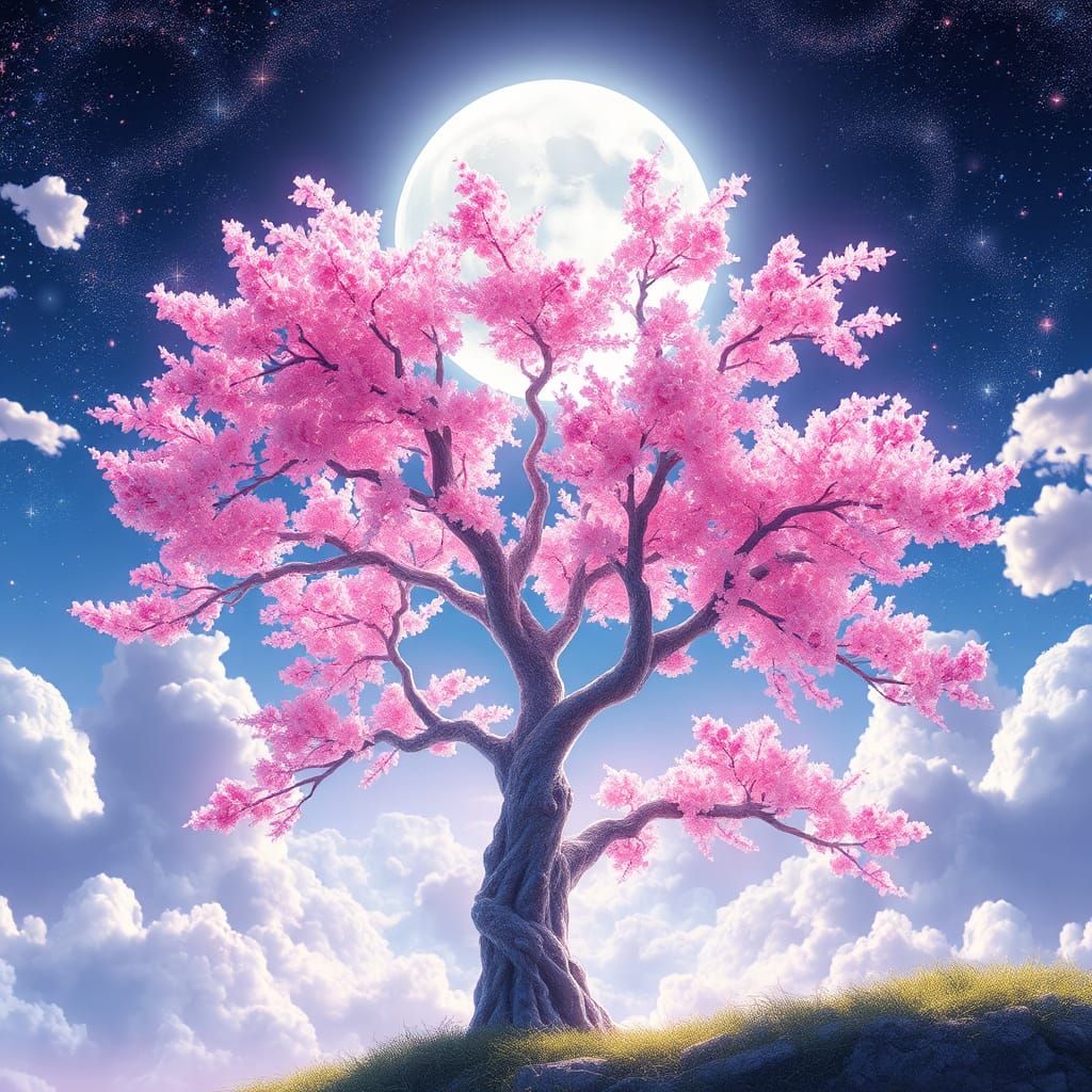 Crystal Cherry Blossom Tree in Galaxy Sky: Anime Style