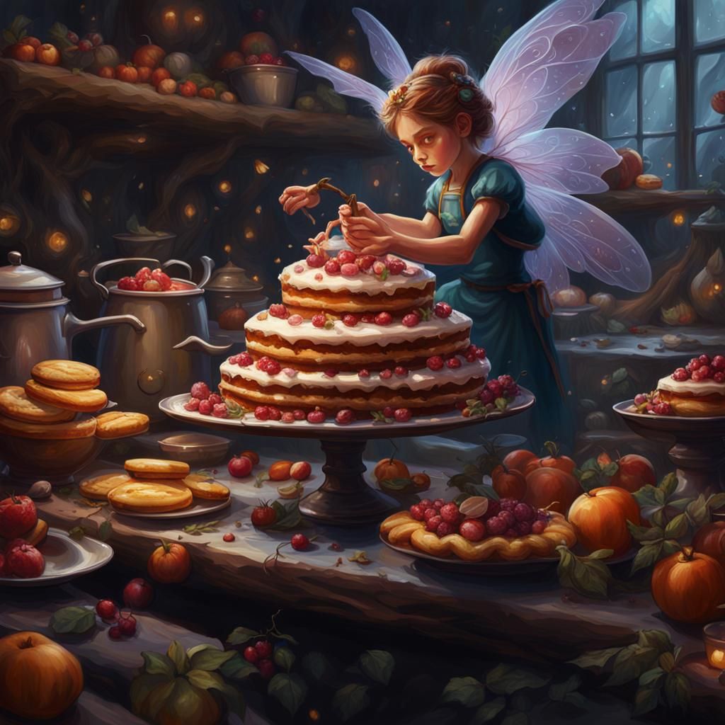 Malicious Fairy Pastry Chef in Detailed Oil Painting
