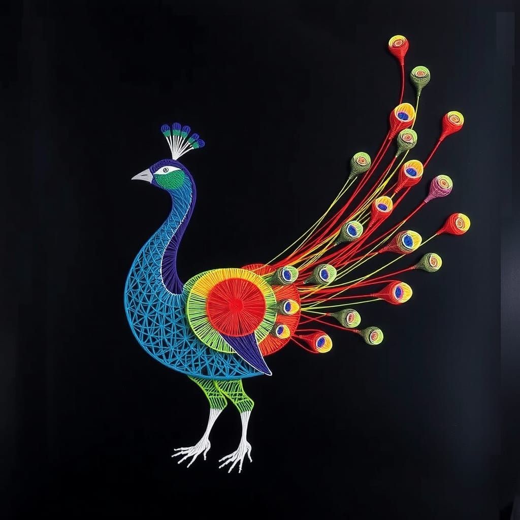Vibrant String Art Peacock on Black Background