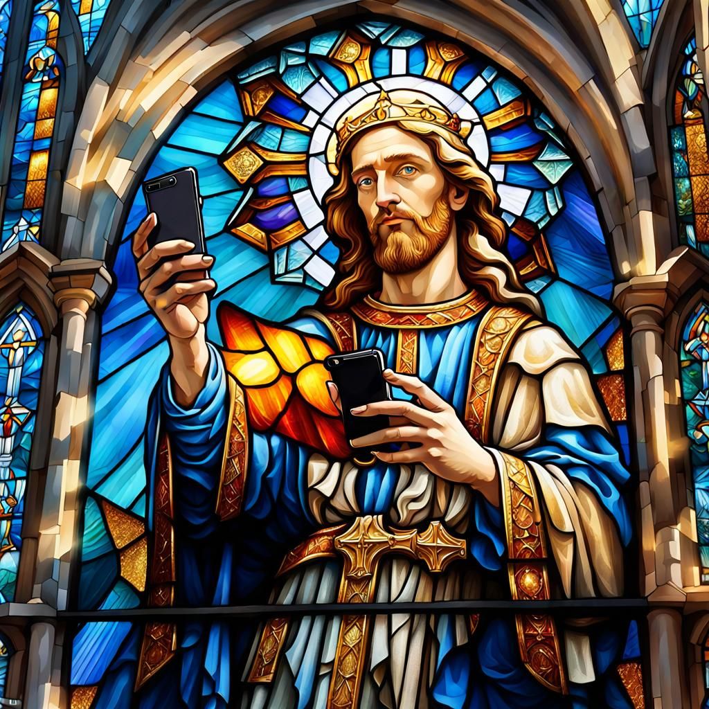 Saint Takes Selfie in Vibrant Stained Glass Art