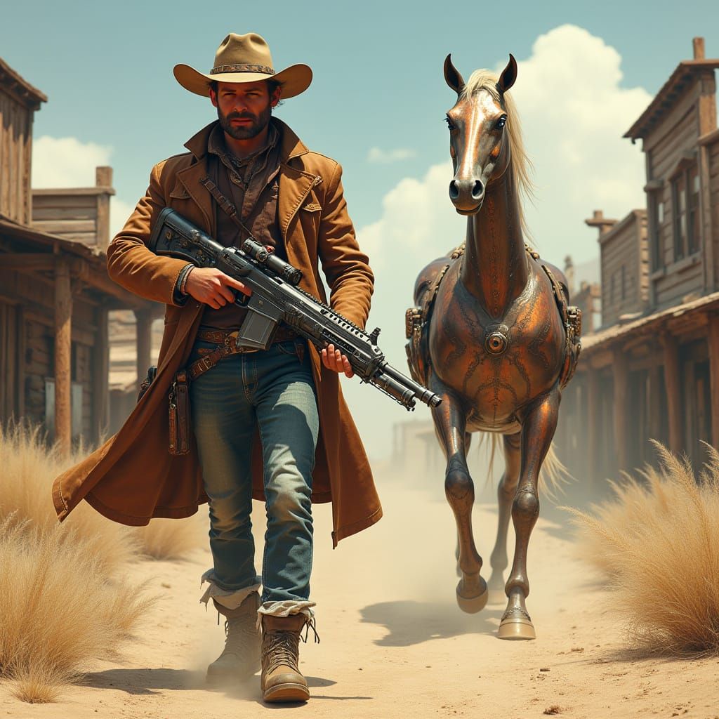 Cyberpunk Cowboy Walks Through Gritty Western Mining Town