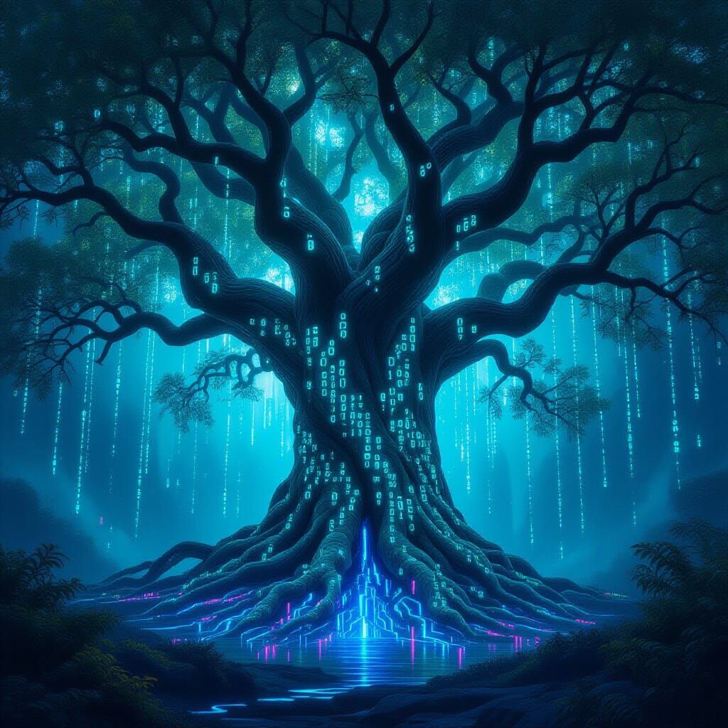 Ancient Digital Tree of Binary Code and Liquid Light