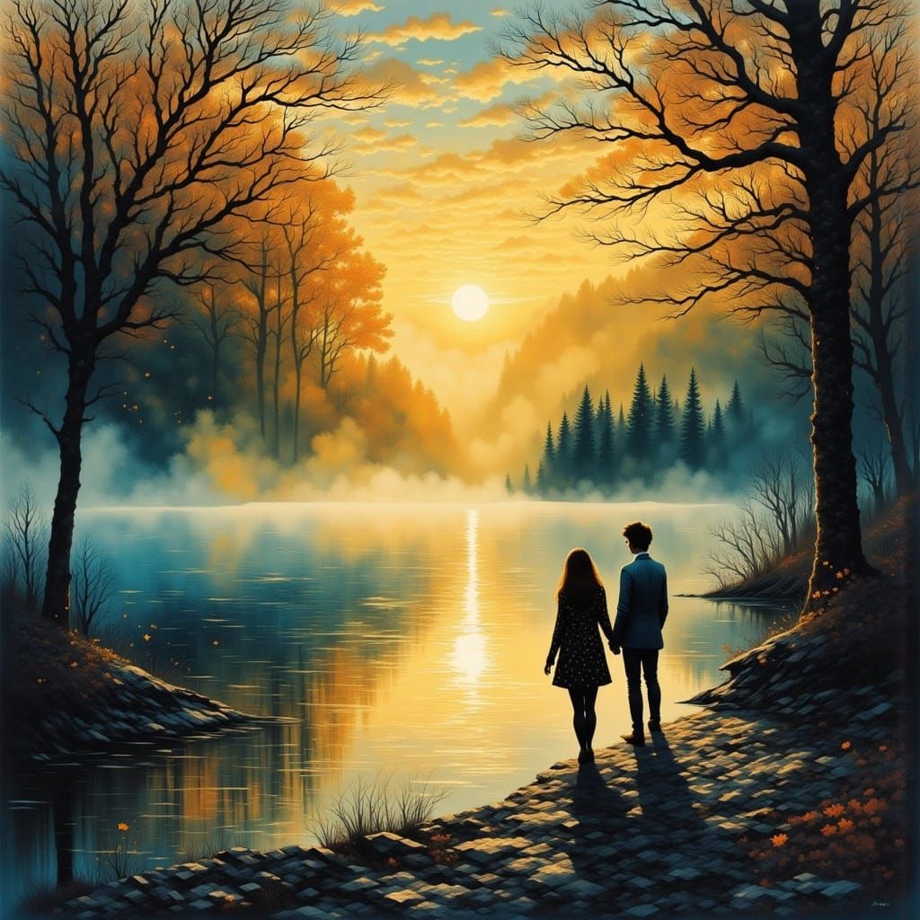 Couple Silhouetted by Sunrise on Rippling Lake