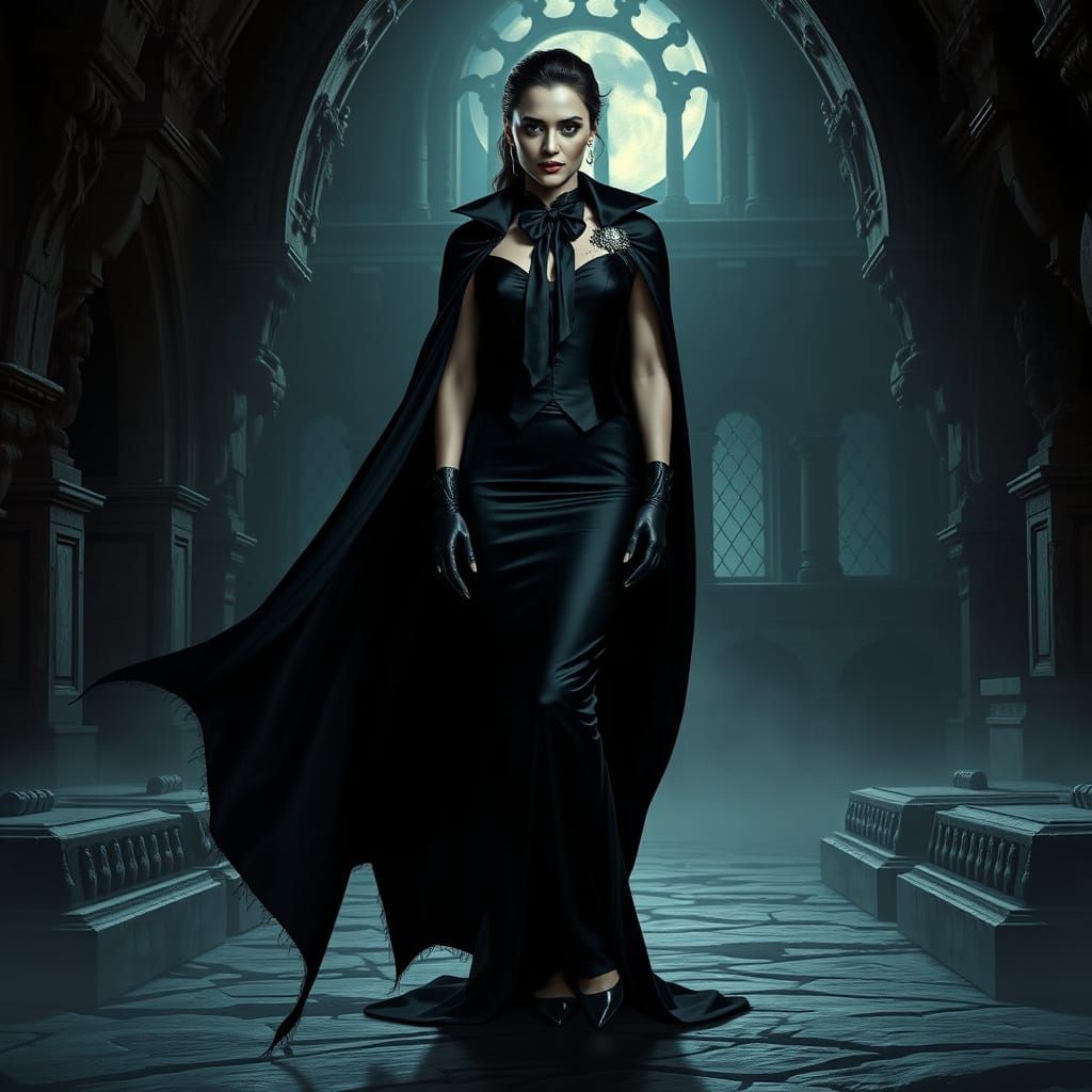 Sexy Hindi Vampire Countess in Black Tie Attire with Vampire...