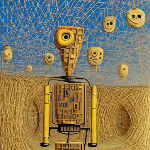 Cute Robots in Space Cafe: Surrealist Oil Painting