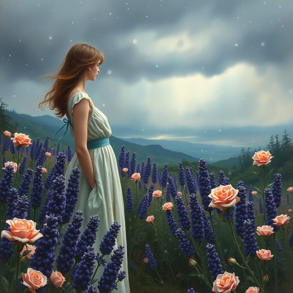 Lavender and Roses Landscape with Thunderstorm and Snow